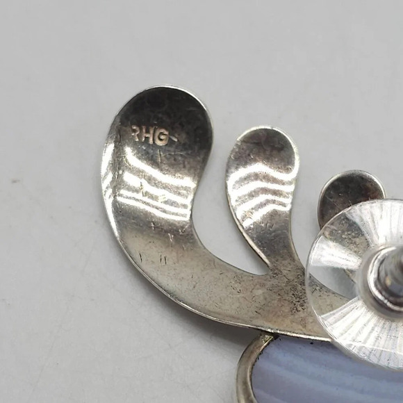 Vintage Sterling Silver Blue Lace Agate Feather Earrings RHG Modernist Design - Picture 4 of 6